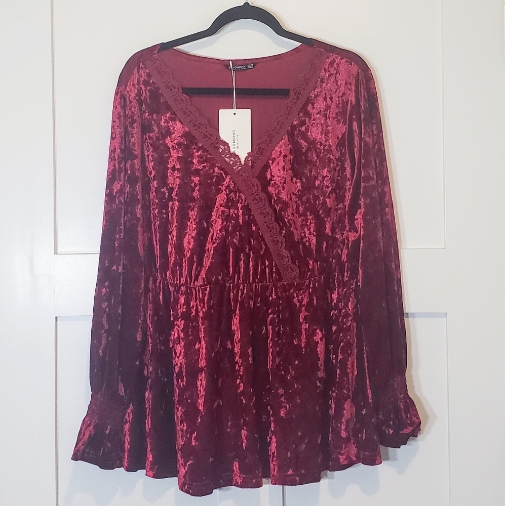 Bloomchic Velvet Velour Tunic Top With Stretch Burgundy Red Sz 18-20